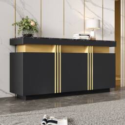 Merax Sideboard with Marble Effet Top - 140cm 3-Door Luxury Buffet Cabinet in Black - thumbnail 1