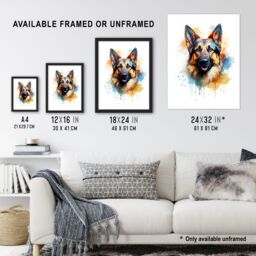 "Artery8 Wall Art Print German Shepherd Lovers Gift Watercolour Pet Portrait Painting Artwork Art Framed - Size: W12"" x H16""" - thumbnail 3
