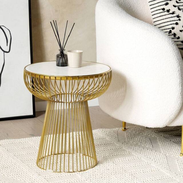 Wyld and Coco Glam Living Side Table - White Marble Top Gloss Gold Frame 42cm - image 1