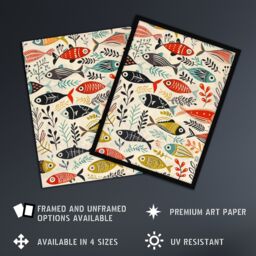 "Artery8 Scandi Fish Sea Kelp Design Colourful Rustic Wall Art Print - Size: W12"" x H16""" - thumbnail 2