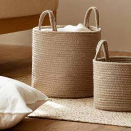 Voltico Cotton Rope Woven Storage Basket with Handles - 30cm Laundry & Toy Bin in Light Brown - thumbnail 3