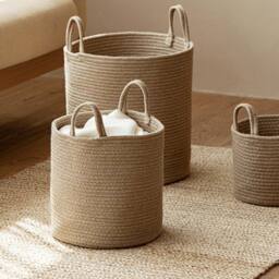 Voltico Cotton Rope Woven Storage Basket with Handles - 30cm Laundry & Toy Bin in Light Brown - thumbnail 2
