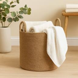 Voltico Cotton Rope Woven Storage Basket with Handles - 30cm Laundry & Toy Bin in Light Brown