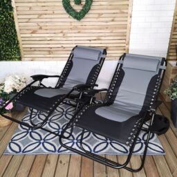 Samuel Alexander Set of 2 Luxury Padded Multi Position Zero Gravity Garden Relaxer Chair Lounger in Grey & Black - thumbnail 3