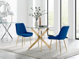 FurnitureboxUK Novara 100cm Round Gold Leg Dining Table & 2 Pesaro Gold Leg Chairs in Navy