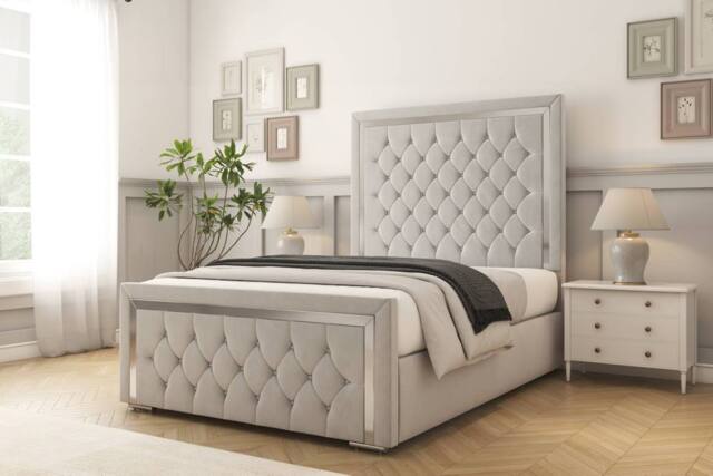 "Comfort Beds Sofia Chrome Plush Bed Frame - 50"" Upholstered Headboard in Silver - Size: Small Double" - image 1