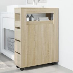 Berkfield Home Narrow Bathroom Cabinet with Wheels Sonoma Oak Engineered Wood in Brown - thumbnail 3