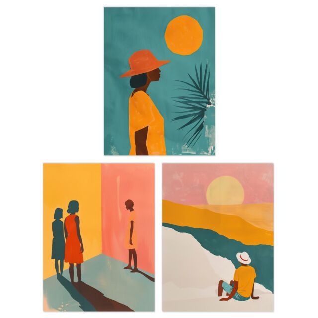 "Wee Blue Coo Set of 3 Prints African Sun Summer Teal Warm Bright Poster Art in Orange - Size: W12"" x H16""" - image 1