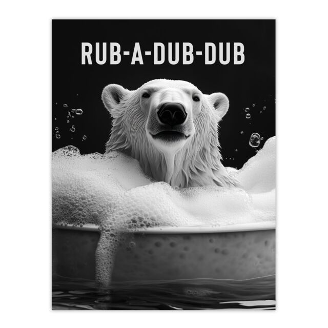 "Artery8 Polar Bear in Bathtub Bath Time Rub A Dub Fun Wall Art Print in White - Size: W24"" x H32""" - image 1
