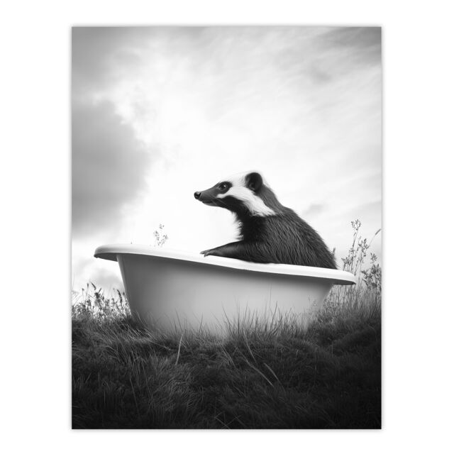 "Artery8 Honey Badger in Bathtub Black White Surreal Wall Art Print in Grey - Size: W24"" x H32""" - image 1