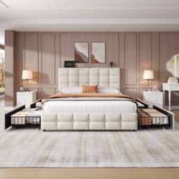 Merax 4ft6 Double Velvet Upholstered Bed with 4 Drawers & Charging Headboard in Beige - thumbnail 3