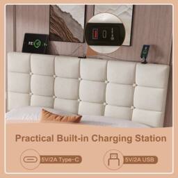 Merax 4ft6 Double Velvet Upholstered Bed with 4 Drawers & Charging Headboard in Beige - thumbnail 7