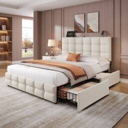 Merax 4ft6 Double Velvet Upholstered Bed with 4 Drawers & Charging Headboard in Beige - thumbnail 5
