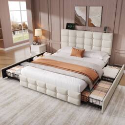 Merax 4ft6 Double Velvet Upholstered Bed with 4 Drawers & Charging Headboard in Beige - thumbnail 4