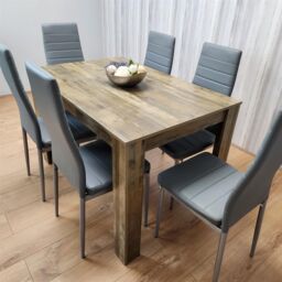 KOSY KOALA Rustic Effect Dining Table Set with 6 Grey Faux Leather Chairs Dining Room Furniture Set in Brown - thumbnail 3