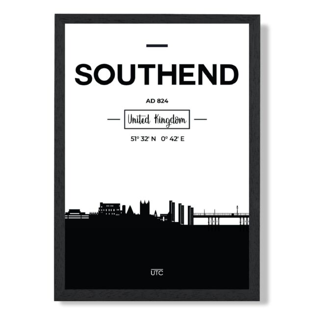 ARTZE Southend Black & White City Skyline Framed Print SIZE: A2 with Black Frame - Size: A4 - image 1