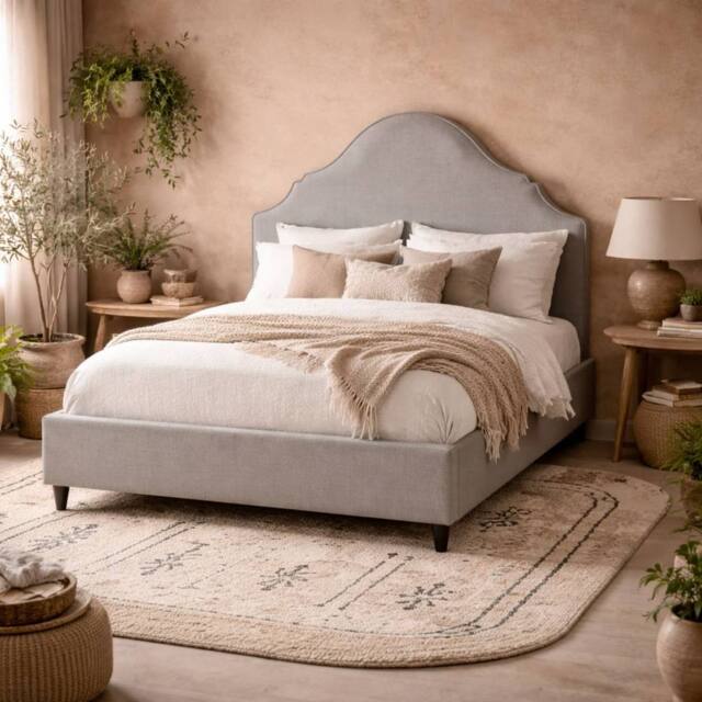 Wyld Haus Princeton Light Grey Linen Blend 5ft King Bed with Retro Headboard - image 1