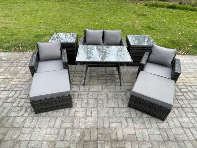 Fimous Rattan Wicker Garden Furniture 6 Seater Patio Conservatory Sofa Set with Rectangular Dining Table Armchair in Dark Grey