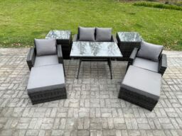 Fimous Rattan Wicker Garden Furniture 6 Seater Patio Conservatory Sofa Set with Rectangular Dining Table Armchair in Dark Grey - thumbnail 1