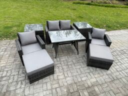 Fimous Rattan Wicker Garden Furniture 6 Seater Patio Conservatory Sofa Set with Rectangular Dining Table Armchair in Dark Grey - thumbnail 2