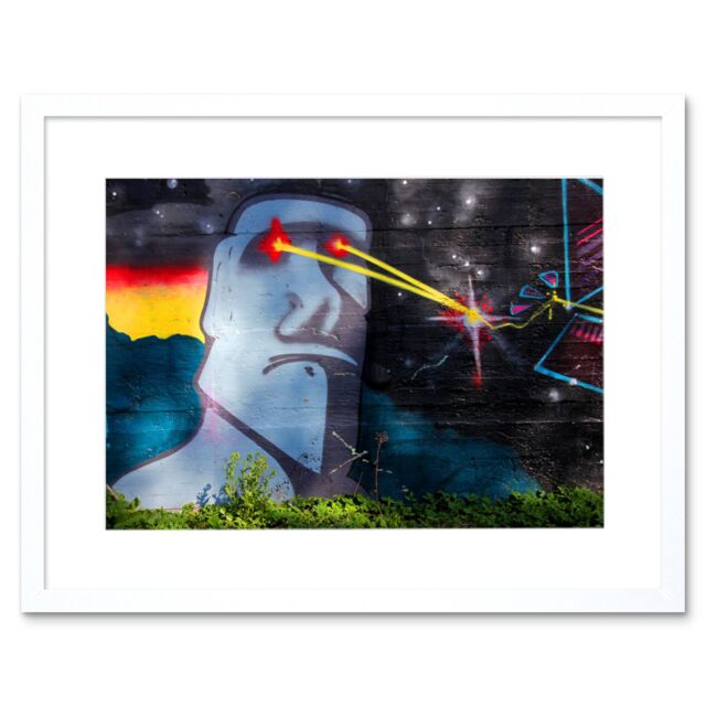 "Artery8 Wall Art Print Graffiti Easter Island Head Laser Art Black Framed 9x7 inch in White - Size: W7"" x H9""" - image 1