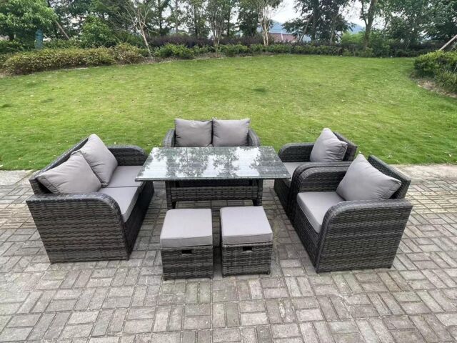 Fimous 8 Seater PE Rattan Garden Furniture Set Reclining Chair 2 Seater Love Sofa Set Outdoor Dining Table 2 Stools in Dark Grey - image 1