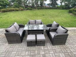 Fimous 8 Seater PE Rattan Garden Furniture Set Reclining Chair 2 Seater Love Sofa Set Outdoor Dining Table 2 Stools in Dark Grey - thumbnail 1