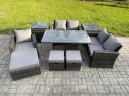 Fimous 8 Seater Outdoor Rattan Patio Furniture Set Garden Height Adjustable Rising Lifting Table Sofa Dining Set with 2 Side Tables 3 Footstools - thumbnail 2