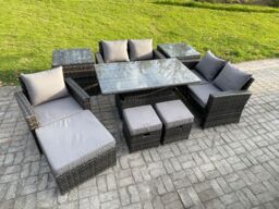 Fimous 8 Seater Outdoor Rattan Patio Furniture Set Garden Height Adjustable Rising Lifting Table Sofa Dining Set with 2 Side Tables 3 Footstools - thumbnail 1