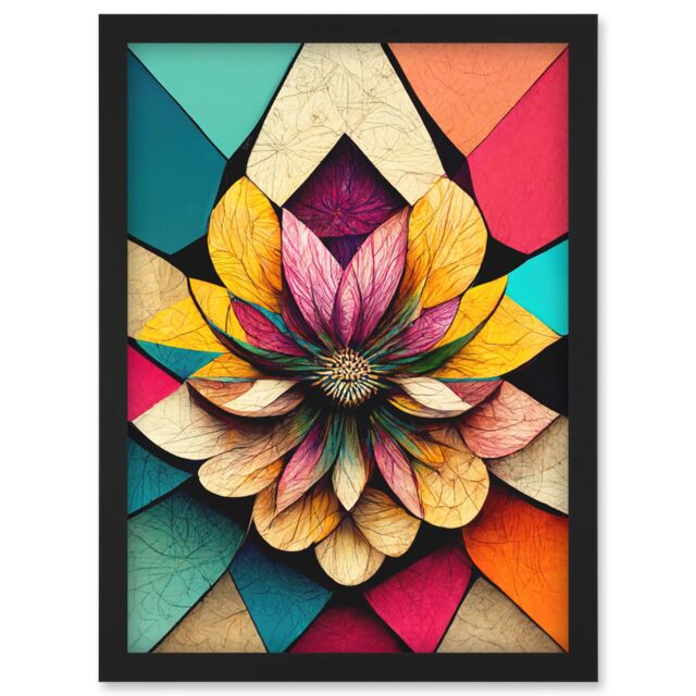 Artery8 Geometric Floral Mandala Bright Multicoloured Shapes Artwork Framed Wall Art Print A4 in Black - image 1