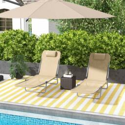 OUTSUNNY 2 Pieces Sun Loungers Foldable Reclining Chair with Headrest in Brown - thumbnail 1