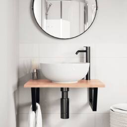 Berkfield Home Elegant Basin Shelf Wall Mounted Steel & Solid Wood Oak in Brown - thumbnail 1