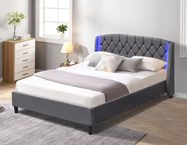 Comfy Living Ltd Fabric Bedframe With LED Headboard Feature in Grey - Size: Double - image 1