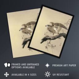 "Artery8 Hawk Bird of Prey on Tree Branch Retro Japan Wall Art Print Koson in Beige - Size: W12"" x H16""" - thumbnail 2