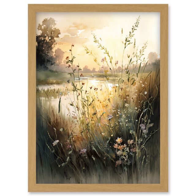 Artery8 Serene Lakeside Landscape with Wildflowers at Dawn Modern Watercolour Painting Artwork Framed Wall Art Print A4 in Light Oak - image 1