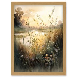 Artery8 Serene Lakeside Landscape with Wildflowers at Dawn Modern Watercolour Painting Artwork Framed Wall Art Print A4 in Light Oak - thumbnail 1