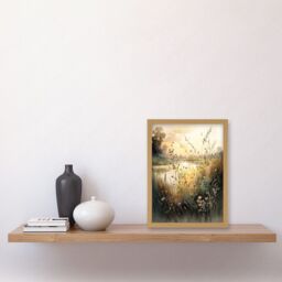 Artery8 Serene Lakeside Landscape with Wildflowers at Dawn Modern Watercolour Painting Artwork Framed Wall Art Print A4 in Light Oak - thumbnail 2