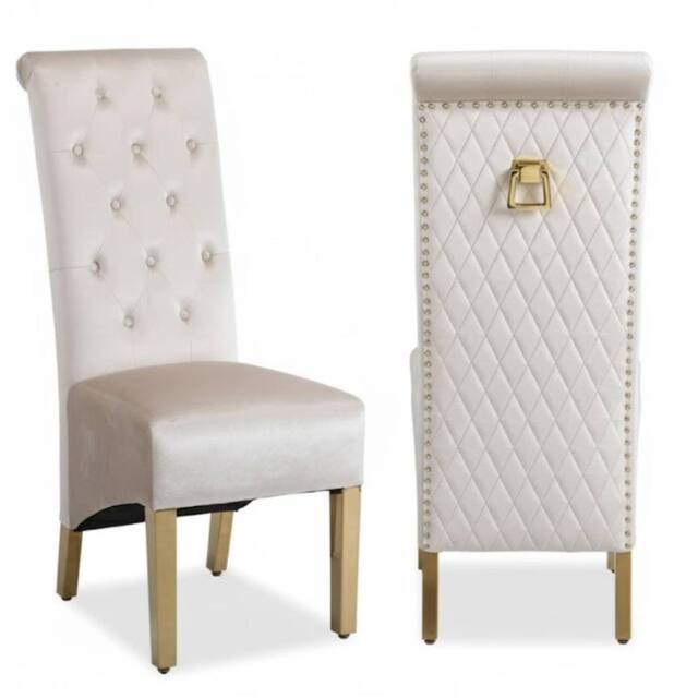 HOME LUXE INTERIOR Pair Of Sofia Beige & Gold Dining Chairs Ring Knocker - Size: 1 Seater - image 1