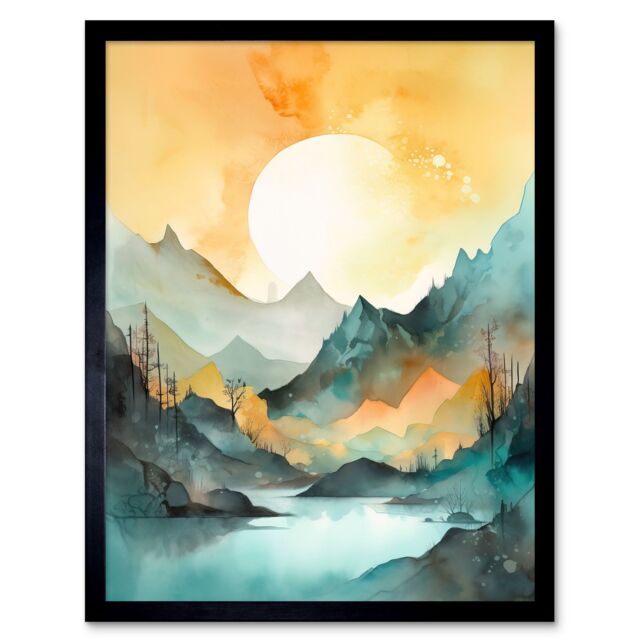 "Artery8 Wall Art Print Sun Rising Over Mountain Lakeside Landscape Modern Pastel Teal & Orange Watercolour Painting Art Framed - Size: W12"" x H16""" - image 1