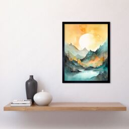 "Artery8 Wall Art Print Sun Rising Over Mountain Lakeside Landscape Modern Pastel Teal & Orange Watercolour Painting Art Framed - Size: W12"" x H16""" - thumbnail 2