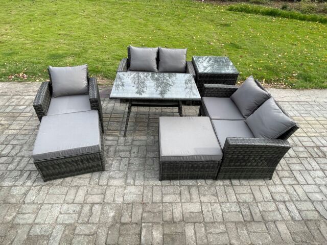 Fimous Garden Dining Set Wicker PE Rattan Outdoor Furniture Sofa with Rectangular Dining Table Double Seat Sofa Side Table 2 Big Footstool