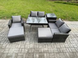 Fimous Garden Dining Set Wicker PE Rattan Outdoor Furniture Sofa with Rectangular Dining Table Double Seat Sofa Side Table 2 Big Footstool - thumbnail 1