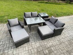 Fimous Garden Dining Set Wicker PE Rattan Outdoor Furniture Sofa with Rectangular Dining Table Double Seat Sofa Side Table 2 Big Footstool - thumbnail 2