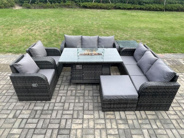 Fimous Garden Patio Furniture Wicker Rattan Gas Fire Pit Table & Sofa set with Recling Chair Side Table Big Footstool in Dark Grey - image 1