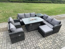 Fimous Garden Patio Furniture Wicker Rattan Gas Fire Pit Table & Sofa set with Recling Chair Side Table Big Footstool in Dark Grey - thumbnail 3