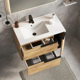 Banyetti Celtic Duo 800mm Wall Hung Vanity Unit with Door & Basin - Ostippo Oak in Light Oak - thumbnail 4