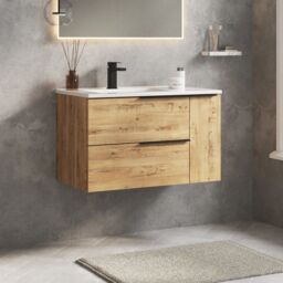 Banyetti Celtic Duo 800mm Wall Hung Vanity Unit with Door & Basin - Ostippo Oak in Light Oak - thumbnail 3
