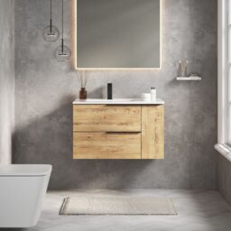 Banyetti Celtic Duo 800mm Wall Hung Vanity Unit with Door & Basin - Ostippo Oak in Light Oak