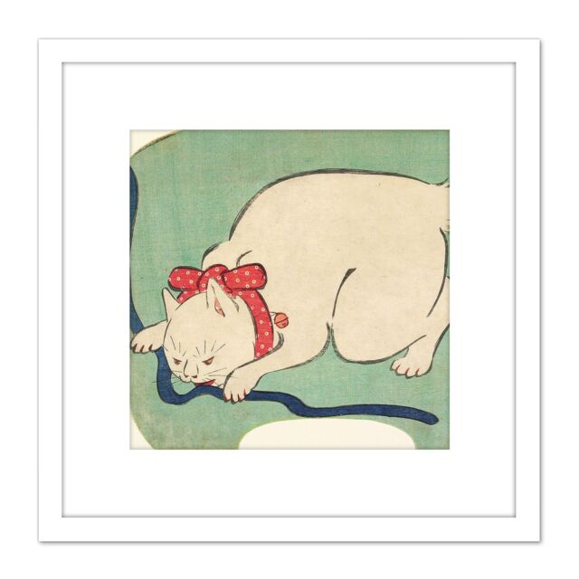 Artery8 White Cat Playing String 1863 Utagawa Hiroshige 8X8 Inch Square Wooden Framed Wall Art Print Picture with Mount - image 1