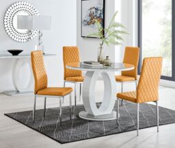FurnitureboxUK Giovani Round 4 Seat 100cm White High Gloss Halo Base Grey Glass Top Dining Table 4 Soft Faux Leather Silver Leg Milan Chairs - thumbnail 1
